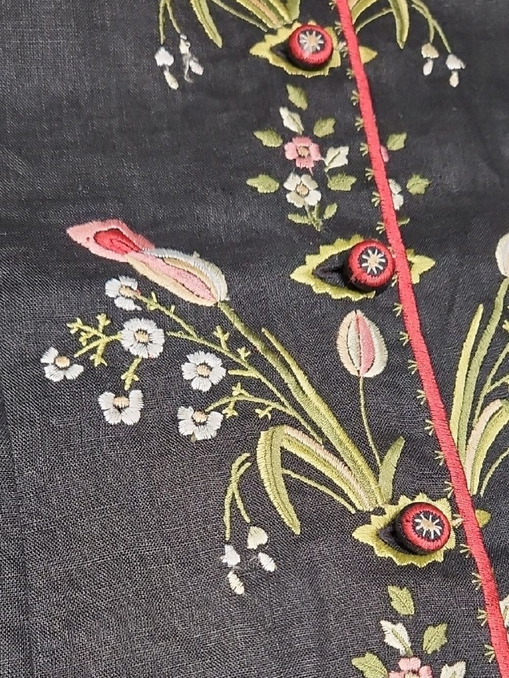 100% Linen Anne Carson Manderin Collar Embroidered Top - Picture 4 of 8